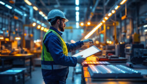A photograph of a lighting contractor inspecting a modern led factory