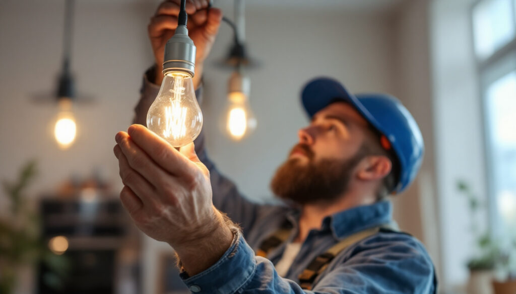 A photograph of a lighting contractor expertly installing a 120 v light bulb in a modern residential setting
