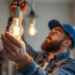 A photograph of a lighting contractor expertly installing a 120 v light bulb in a modern residential setting