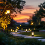 A photograph of a beautifully illuminated outdoor space featuring solar-powered lights