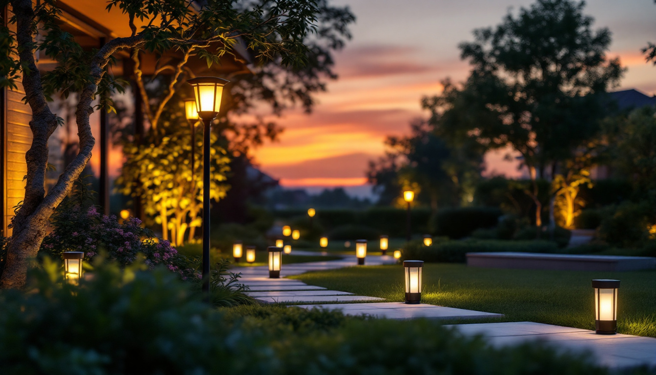 A photograph of a beautifully illuminated outdoor space featuring solar-powered lights
