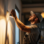 A photograph of a skilled lighting contractor at work