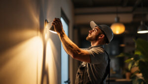 A photograph of a skilled lighting contractor at work