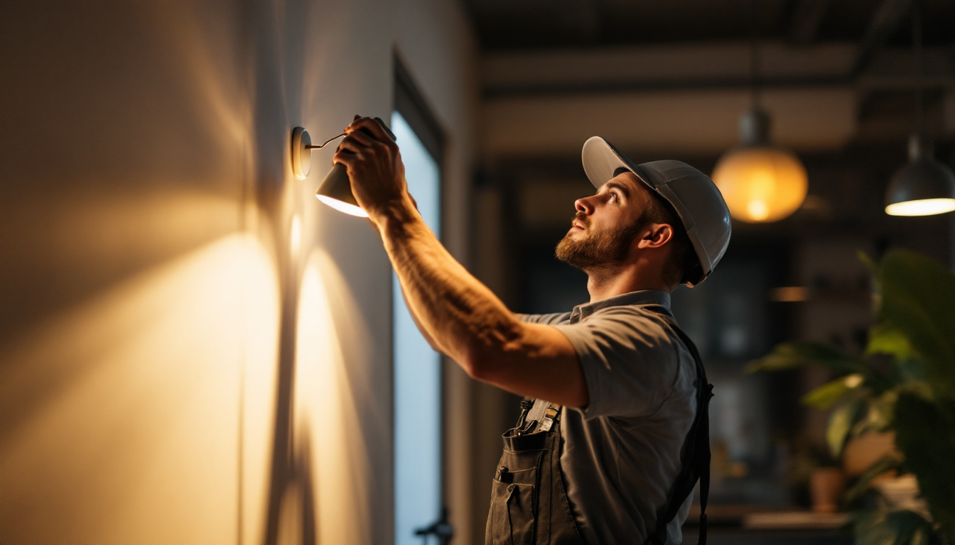 A photograph of a skilled lighting contractor at work