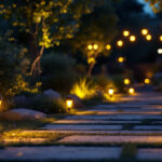 A photograph of a well-lit outdoor space featuring solar light bulbs in various designs