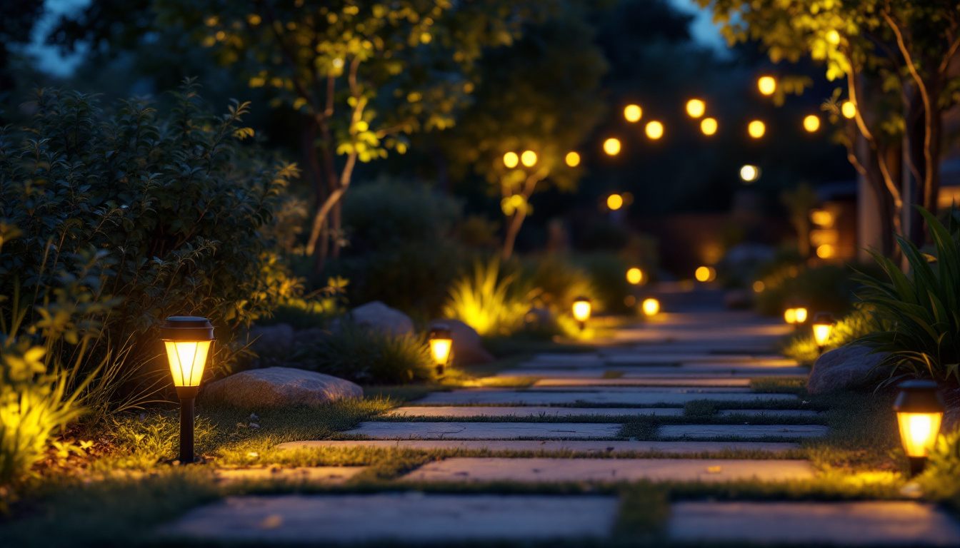A photograph of a well-lit outdoor space featuring solar light bulbs in various designs