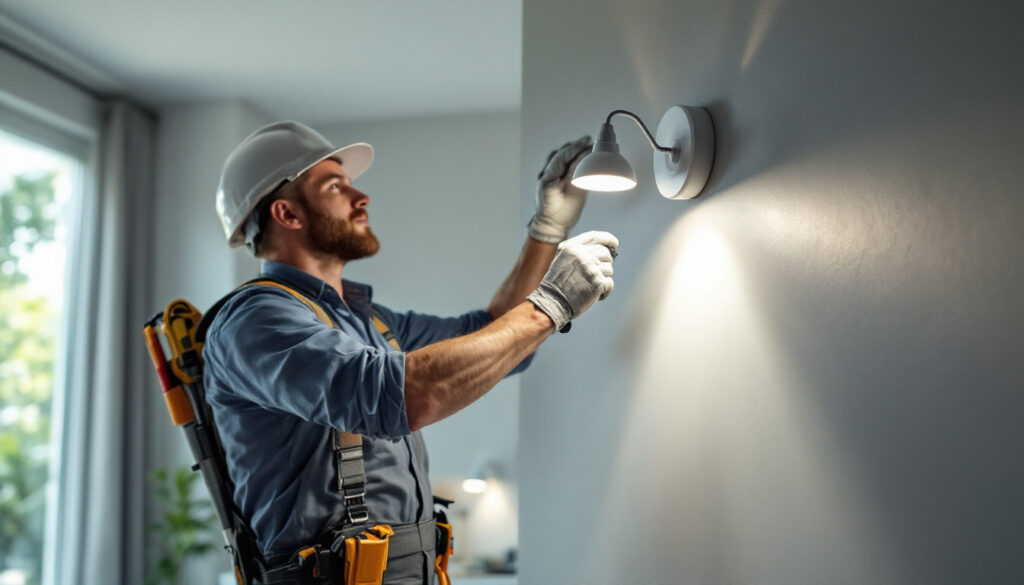 A photograph of a lighting contractor efficiently installing energy-saving led can lights in a modern residential setting