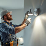 A photograph of a lighting contractor efficiently installing energy-saving led can lights in a modern residential setting