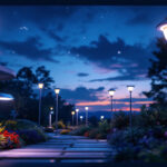 A photograph of a beautifully illuminated outdoor space at dusk