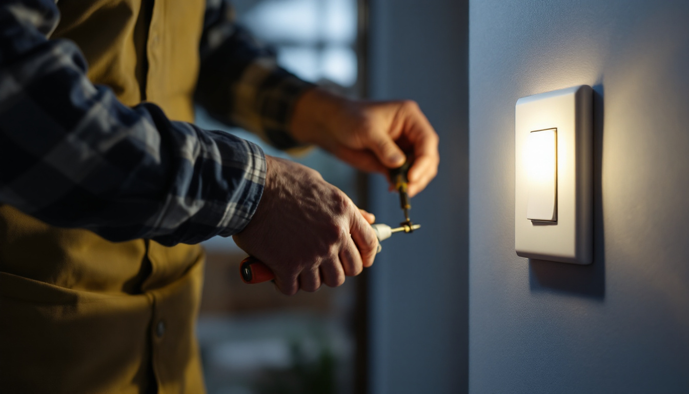 A photograph of a lighting contractor skillfully installing a single pole switch in a residential setting