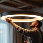 A photograph of a skilled lighting contractor expertly installing or adjusting a stunning round hanging light fixture in a stylish interior setting