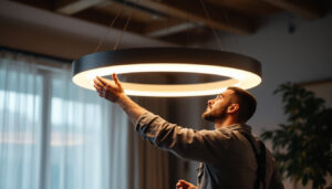 A photograph of a skilled lighting contractor expertly installing or adjusting a stunning round hanging light fixture in a stylish interior setting