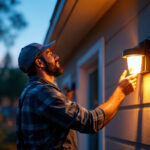 A photograph of a lighting contractor installing a modern sensor outdoor light in a residential setting