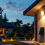A photograph of a modern solar-powered house light illuminating a stylish outdoor space at dusk