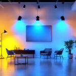 A photograph of a well-lit indoor space showcasing various lighting fixtures and their effects