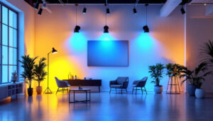A photograph of a well-lit indoor space showcasing various lighting fixtures and their effects