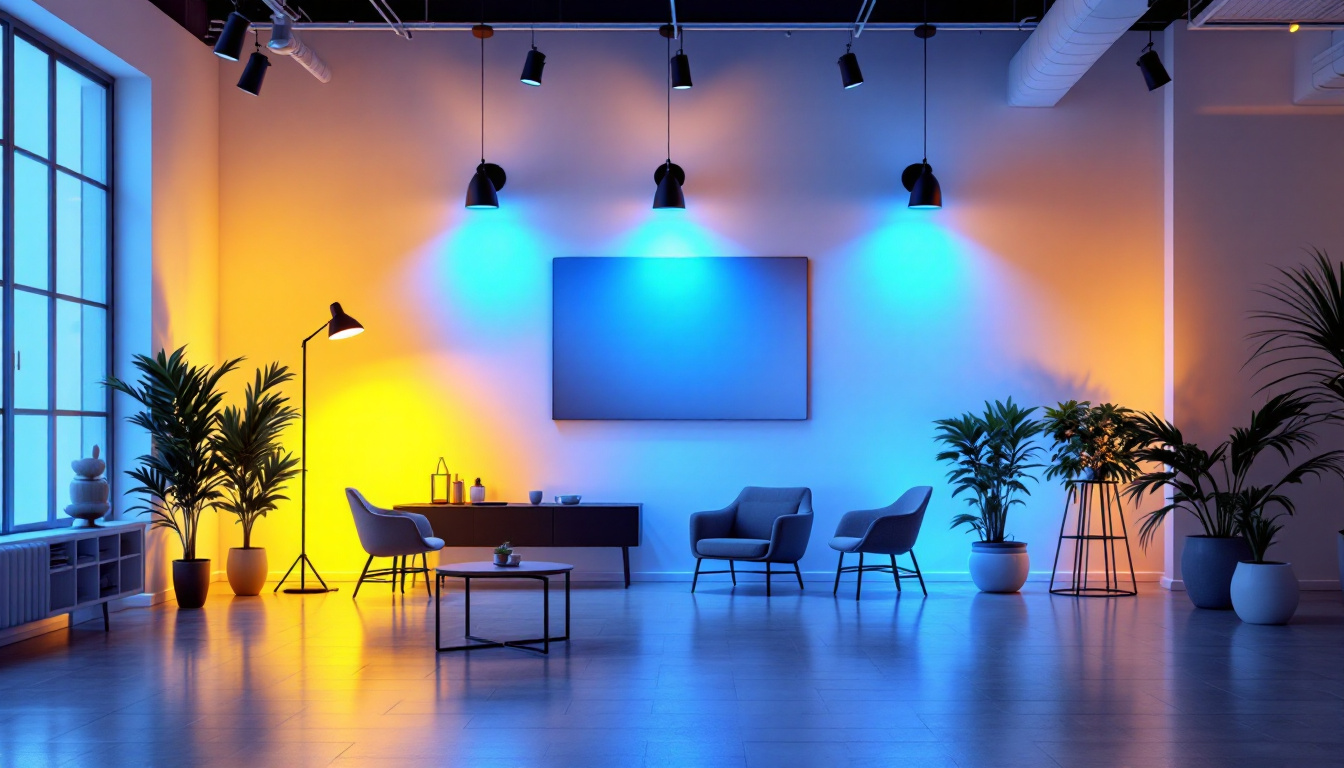 A photograph of a well-lit indoor space showcasing various lighting fixtures and their effects