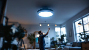 A photograph of a well-lit room featuring an 8-inch can light installed in the ceiling