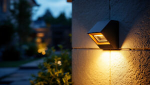 A photograph of a well-lit outdoor space featuring a stylish motion sensor light in action