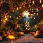 A photograph of a beautifully arranged outdoor scene featuring corn cob lights strung elegantly among trees or along a patio