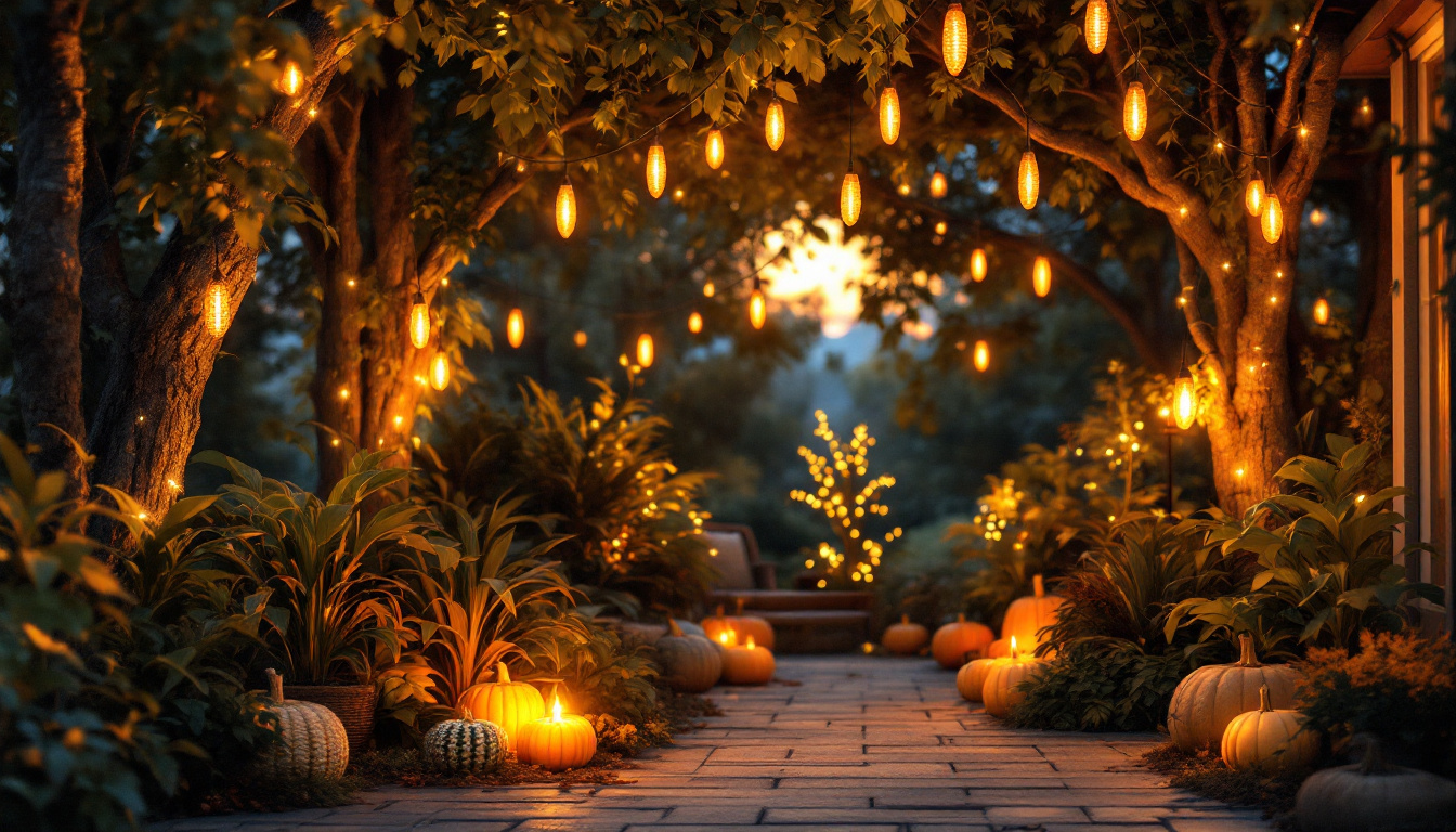 A photograph of a beautifully arranged outdoor scene featuring corn cob lights strung elegantly among trees or along a patio