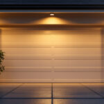 A photograph of a well-lit outdoor garage area featuring various stylish light fixtures
