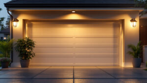 A photograph of a well-lit outdoor garage area featuring various stylish light fixtures