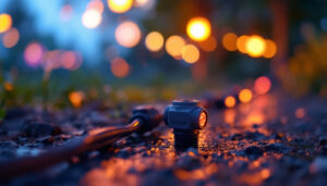 A photograph of a close-up shot of dryconn waterproof connectors in use within a vibrant outdoor lighting setup