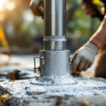 A photograph of a lighting contractor installing a light post base in an outdoor setting