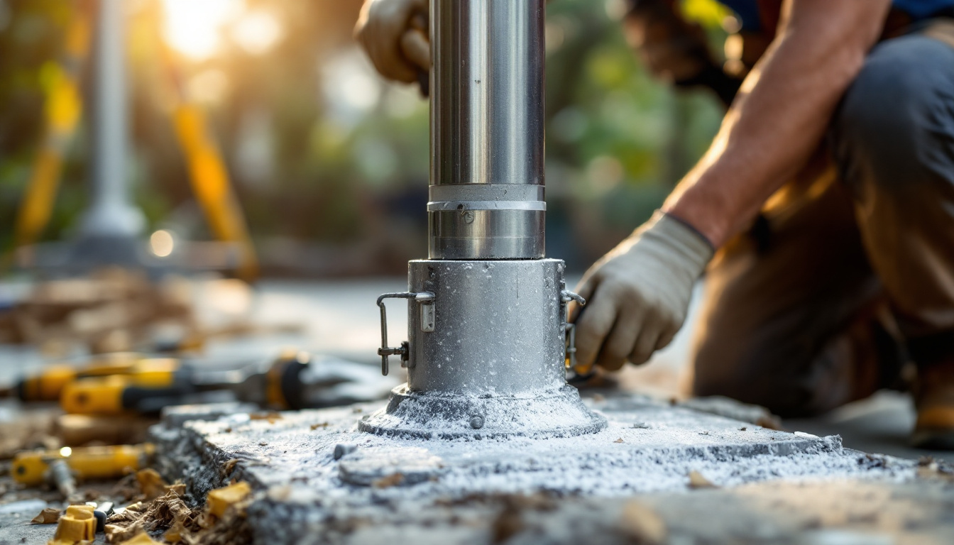 A photograph of a lighting contractor installing a light post base in an outdoor setting