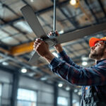 A photograph of a skilled lighting contractor expertly installing a large commercial ceiling fan in an expansive industrial space