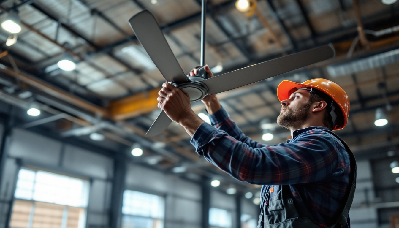 A photograph of a skilled lighting contractor expertly installing a large commercial ceiling fan in an expansive industrial space