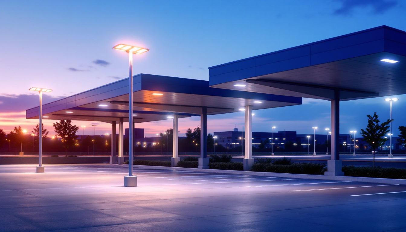 A photograph of a well-lit parking lot at dusk