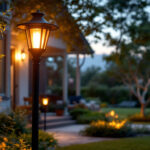 A photograph of a beautifully illuminated yard featuring a stylish lamppost
