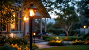 A photograph of a beautifully illuminated yard featuring a stylish lamppost