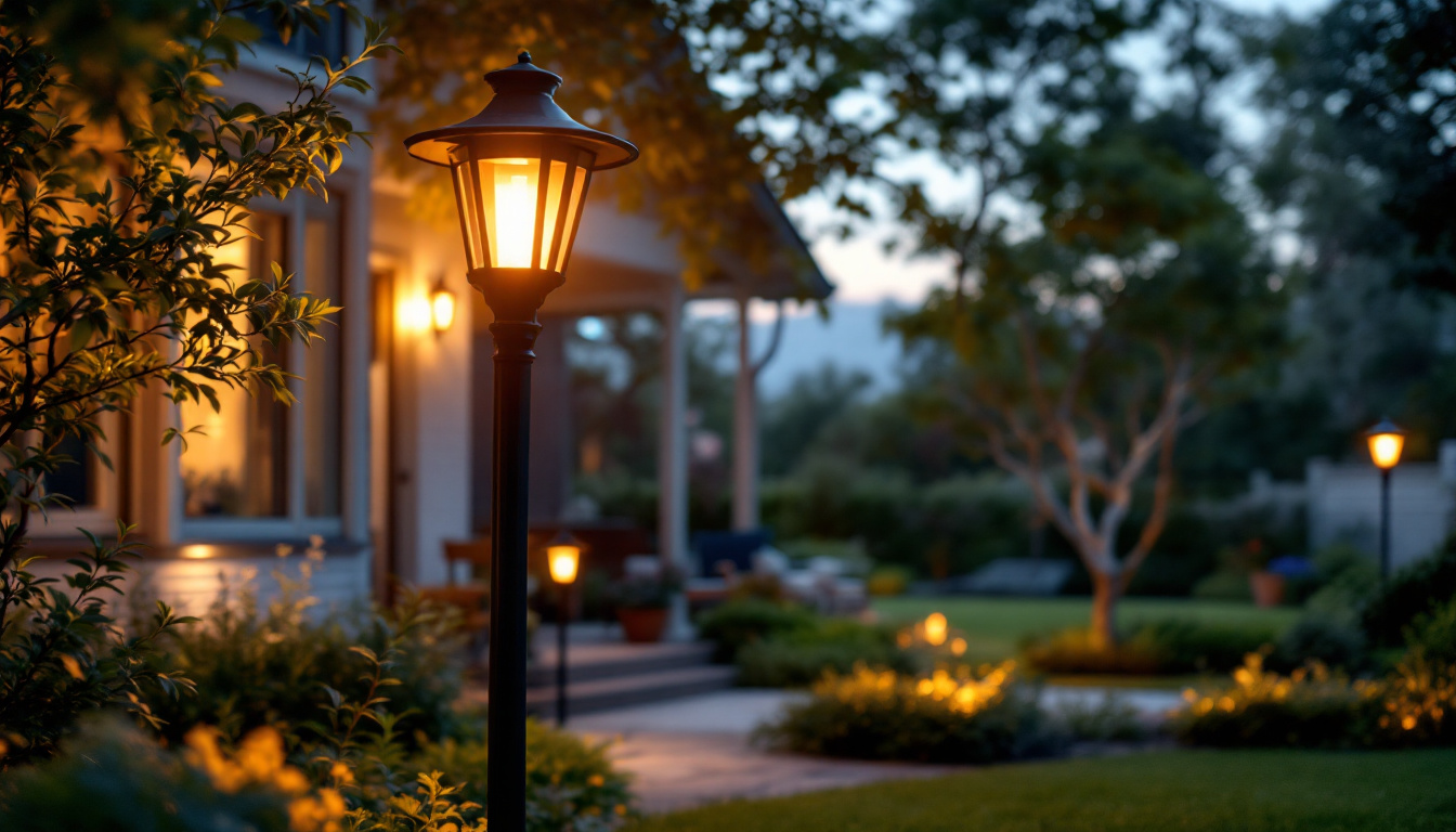 A photograph of a beautifully illuminated yard featuring a stylish lamppost