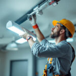 A photograph of a skilled lighting contractor expertly replacing a fluorescent light fixture in a well-lit interior space