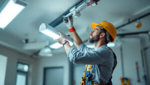 A photograph of a skilled lighting contractor expertly replacing a fluorescent light fixture in a well-lit interior space
