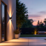 A photograph of a beautifully illuminated outdoor space featuring stylish led wall lighting fixtures
