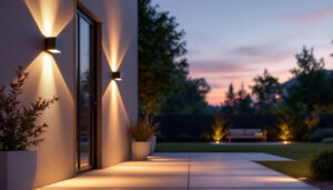 A photograph of a beautifully illuminated outdoor space featuring stylish led wall lighting fixtures