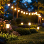 A photograph of a beautifully illuminated outdoor space featuring various styles of solar landscaping lights