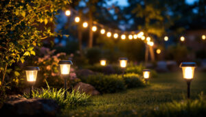 A photograph of a beautifully illuminated outdoor space featuring various styles of solar landscaping lights