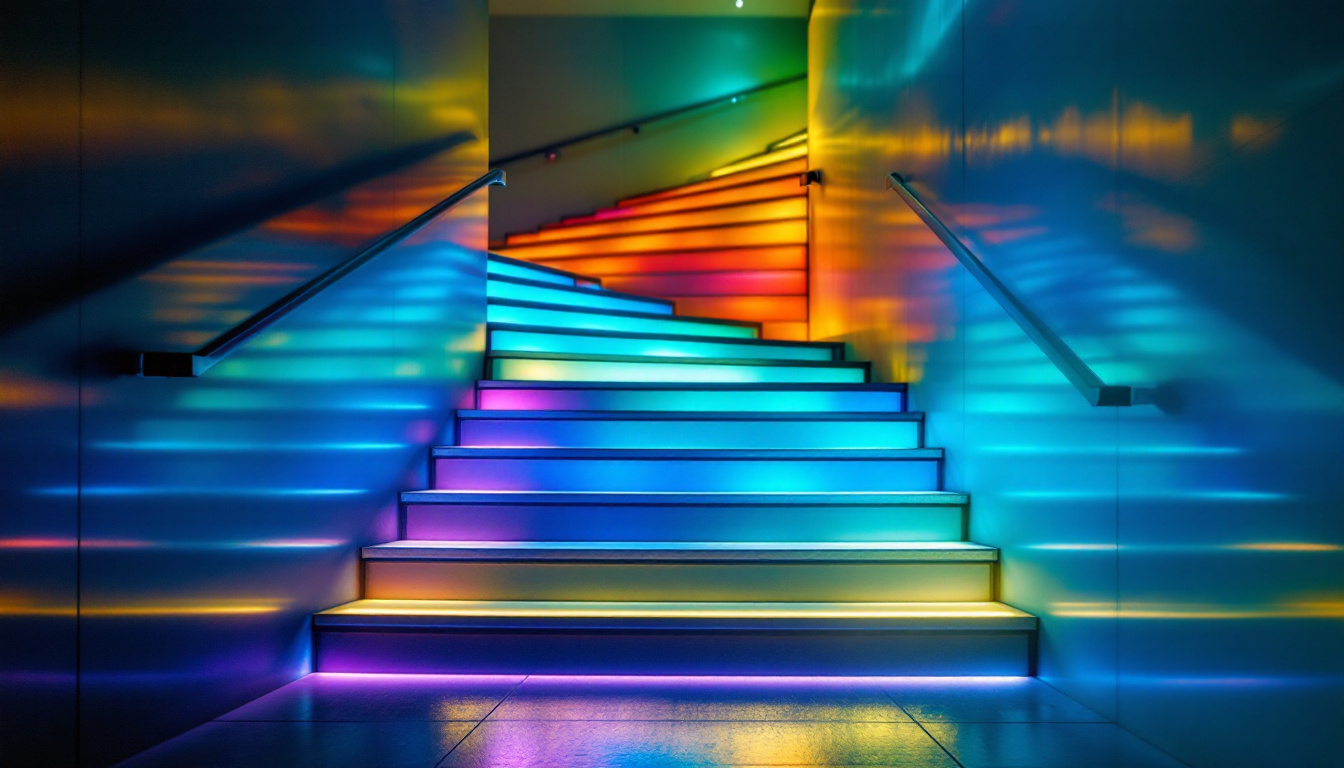 A photograph of a beautifully illuminated staircase featuring led lights