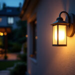 A photograph of a beautifully designed outdoor wall mount light fixture illuminated at dusk