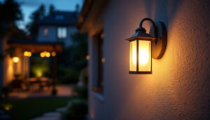 A photograph of a beautifully designed outdoor wall mount light fixture illuminated at dusk