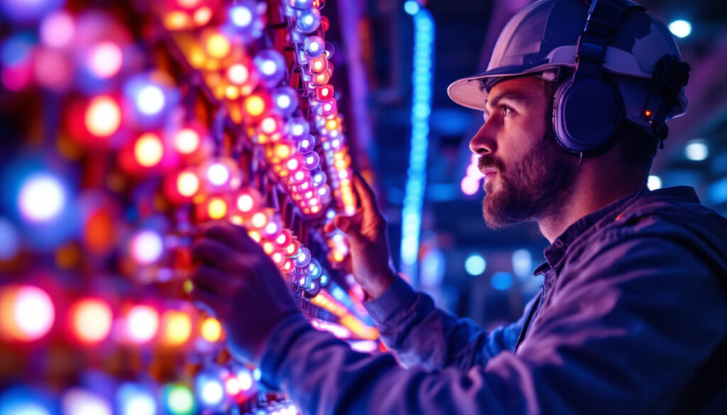 A photograph of a lighting contractor inspecting a vibrant array of led lights in a commercial setting