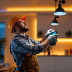 A photograph of a skilled lighting contractor installing smart light fixtures in a modern home