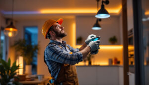 A photograph of a skilled lighting contractor installing smart light fixtures in a modern home