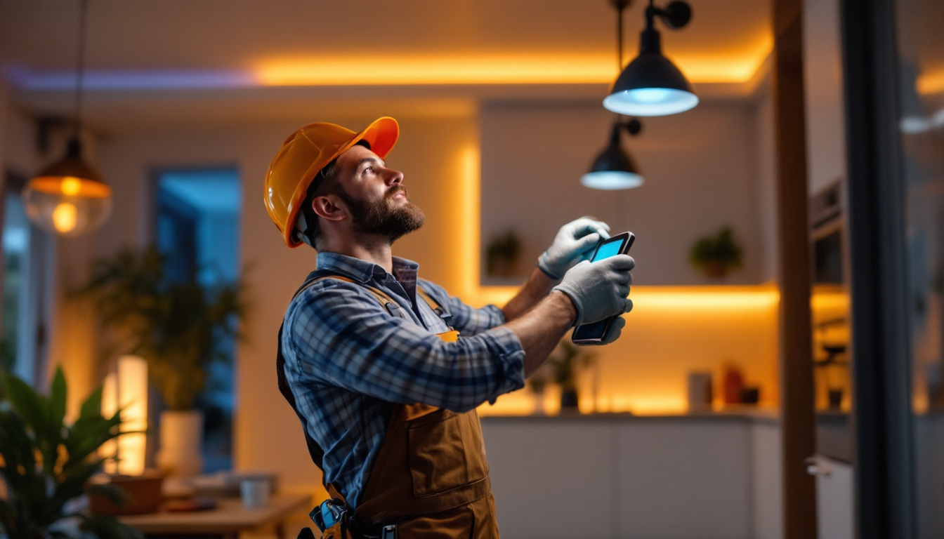 A photograph of a skilled lighting contractor installing smart light fixtures in a modern home