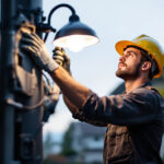 A photograph of a skilled lighting contractor in action